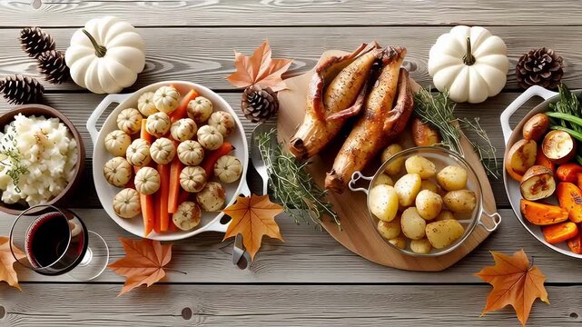 Festive roast turkey autumn harvest holiday dinner with roasted vegetable green bean mashed potato baby pumpkin and cozy celebration thanksgiving feast rustic wooden table setting with fall leaf