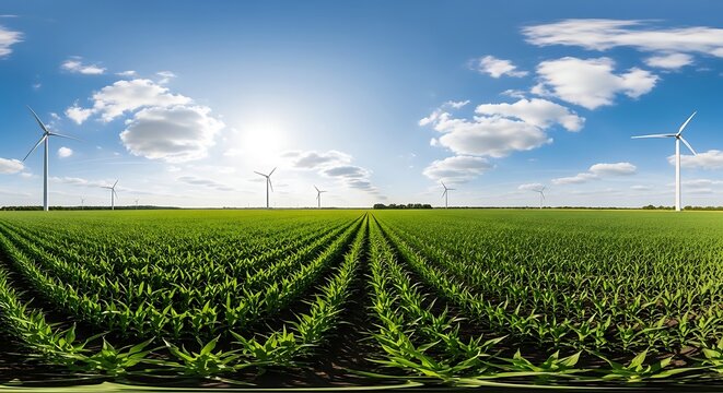 Panoramic view of a vast green cornfield with wind turbines under a bright blue sky with fluffy clouds.