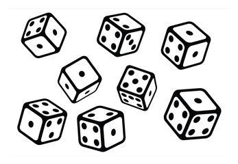 A Collection of Black and White Dice Scattered on a White Background