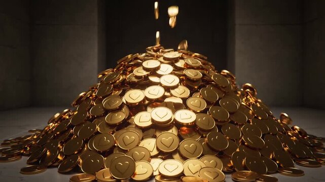 Dropping from back recess, shiny gold tokens forming tall mound on tiled floor, showing V-emblems