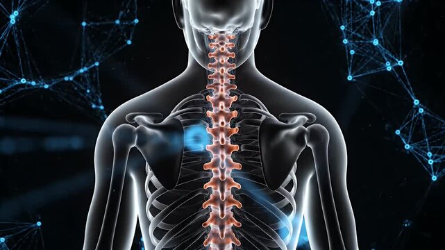 Detailed Anatomy of the Human Spine with Network Visualization on Black Background Medical Animation