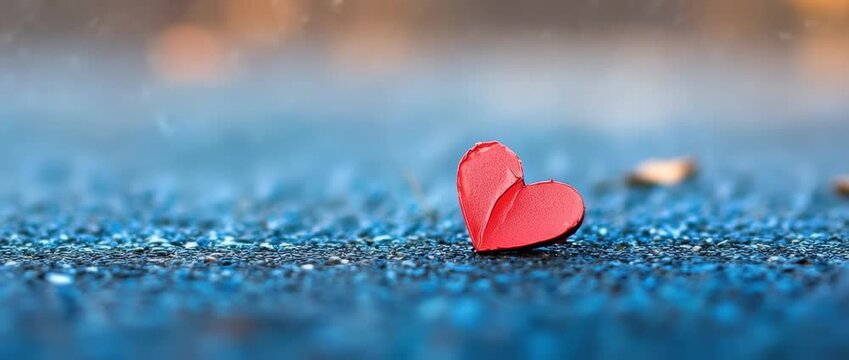 Small red broken heart shape resting on blue textured ground with soft