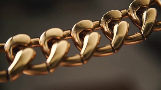 Turning gold chain sliding on thin metal rod in studio after focus pull showing specular highlights