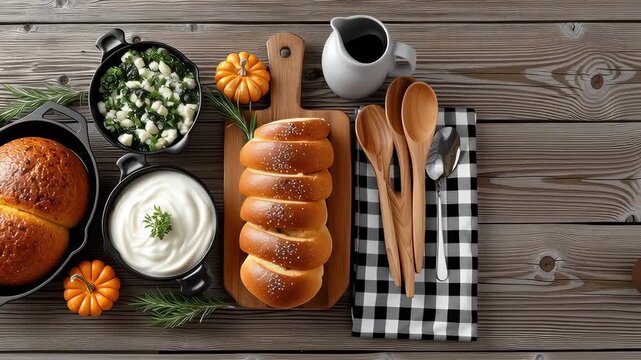 Thanksgiving bread brioche braided loaf dinner roll pumpkin mashed potato creamy sauce casserole mashed vegetable pumpkin cream sauce herb rosemary wooden spoon checkered cloth autumn rustic