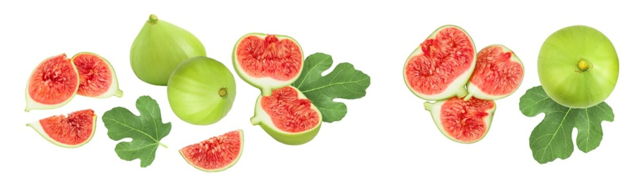 Ripe green fig fruit isolated on white background with full depth of field. Top view. Flat lay.
