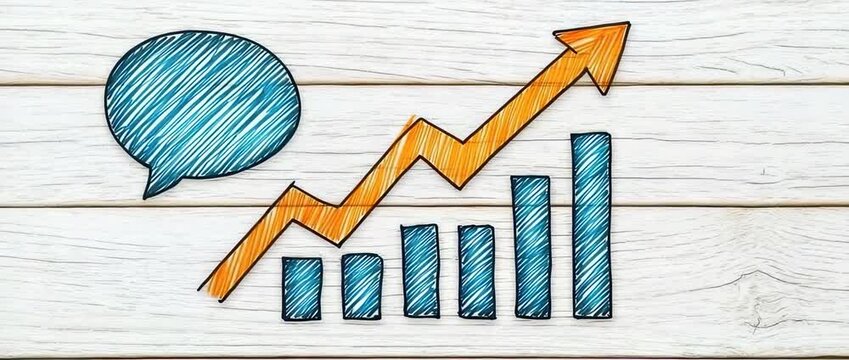 Hand drawn growth chart with upward arrow and speech bubble on white wood