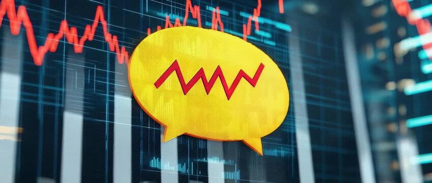 Yellow speech bubble icon with jagged red line overlaying abstract blue financial market stock chart