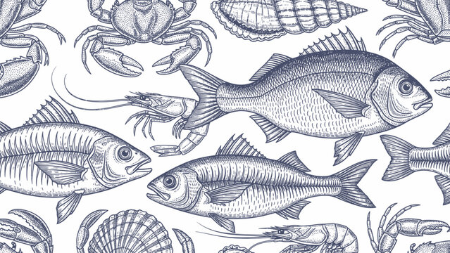 Detailed illustration of various seafood and fish species.