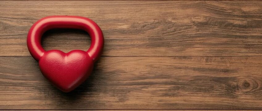 Red heart shaped kettlebell resting on  rustic dark brown wooden surface