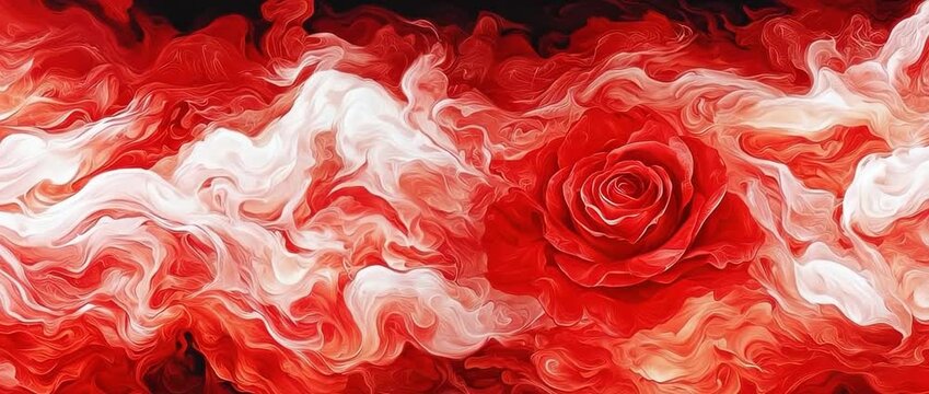 Abstract red and white rose texture  with swirling paint strokes and vivid coloration