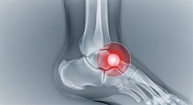 Ankle Joint Pain X-ray Illustration with Red Inflammation Highlight.