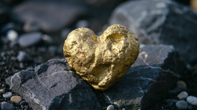 Camera recording gold heart nugget resting on dark rock slab on shore, showing texture and pebbles