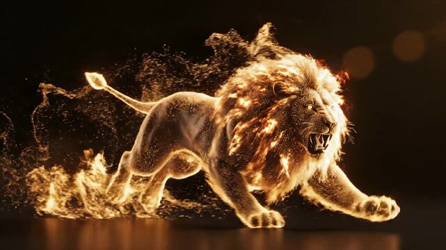 Golden fire lion mid leap dynamic motion with glowing fiery mane and embers sparking in dark cinematic background mythical creature fantasy concept