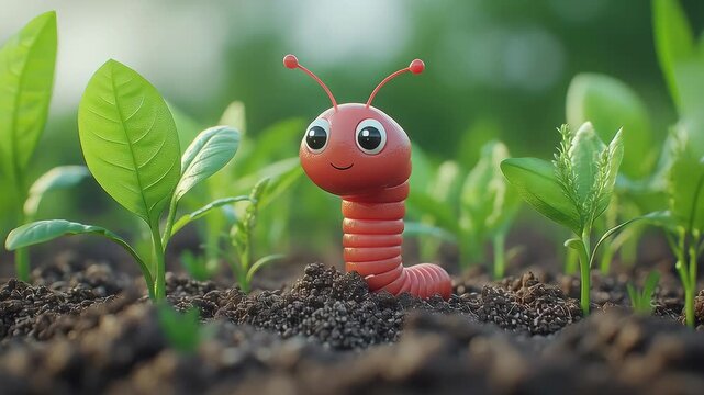 Cute worm cartoon worm 3d illustration smiling insect garden soil with green plant young leaf spring nature outdoor sunlight children concept playful red worm character enjoying sunshine fresh garden