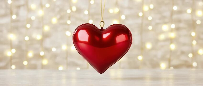 Shiny red hanging heart ornament against  blurred  of warm bokeh string lights