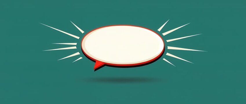 Empty oval speech bubble design with white rays on  solid teal