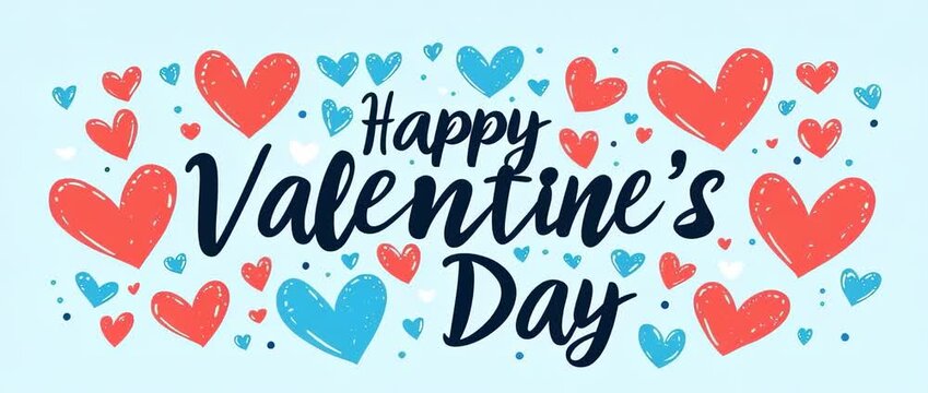 Happy Valentine's Day message with scattered red and blue hand drawn hearts on light
