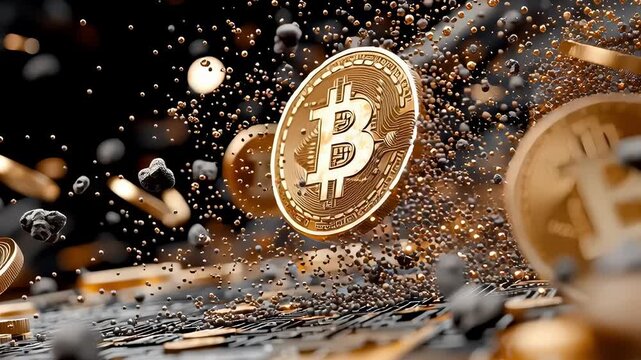Gold bitcoin coin digital currency cryptocurrency blockchain fintech crypto market virtual money investment technology macro futuristic finance concept with golden token dynamic digital coin particle