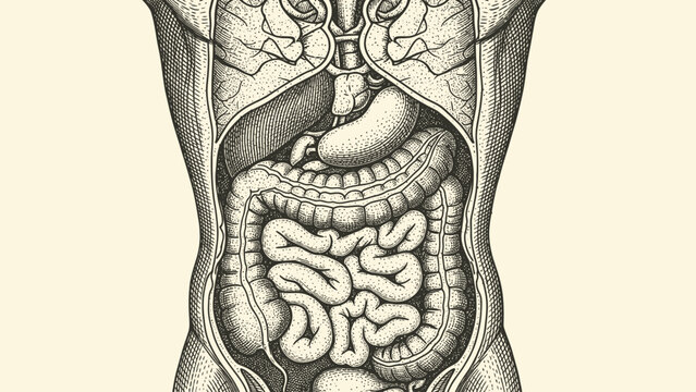 Detailed Vintage Illustration of Human Digestive System Anatomy.