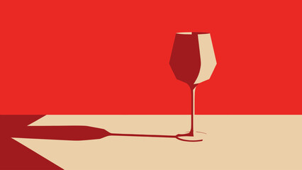 Elegant Empty Wine Glass with Striking Shadow on a Red Background. © dada