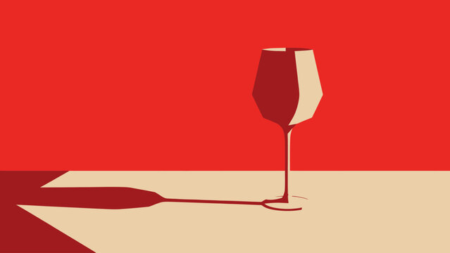 Elegant Empty Wine Glass with Striking Shadow on a Red Background.