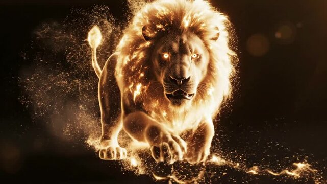 Golden fire lion mid roaring leap glowing embers and dynamic sparks dark cinematic background mythical fantasy creature digital illusion