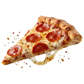 Floating Pepperoni Pizza Slice Melt Stretch for Dramatic floating pepperoni pizza slice with stretchy cheese isolated on transparent background.