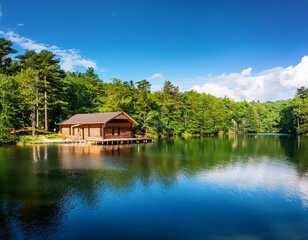 Obraz premium rustic cabin nestled amongst lush green forest overlooking tranquil lake on sunny summer day sky peaceful