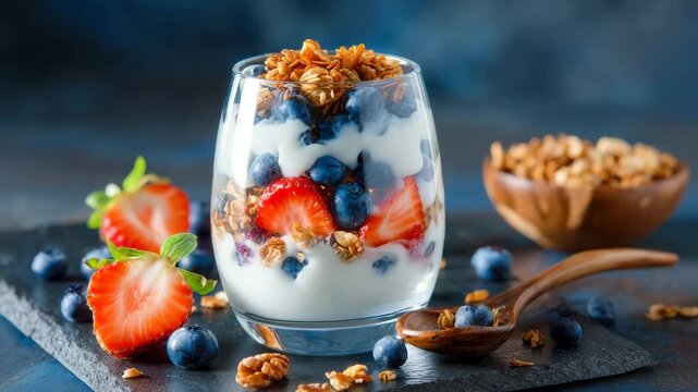 Healthy yogurt parfait with berries and granola for breakfast