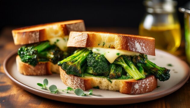 grilled broccoli rabe provolone sandwich on crusty bread appetizing restaurant