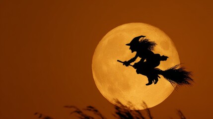 Fototapeta premium A silhouetted witch on broom flies past a huge, orange moon, silhouetting dry grass in foreground