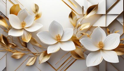 elegant 3d white magnolia flowers with golden leaves on abstract geometric white background