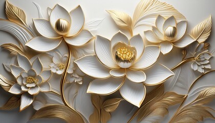 white lotus flowers with golden accents 3d embossed floral art luxury decorative background