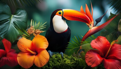 vibrant toucan amidst lush tropical blooms and foliage toucan red