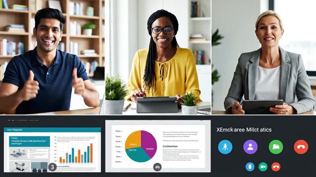 Diverse business people conduct online video conference meeting with presentation
