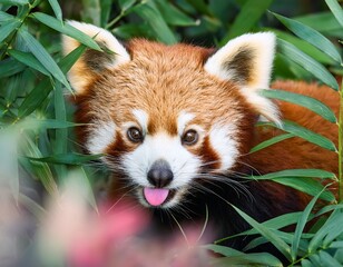 whimsical red panda peeking through foliage tongue out in pastel dreamscape top down view waddling gait high angle