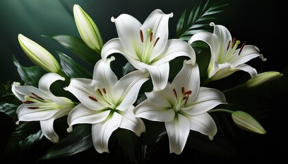 elegant bouquet of pristine white lilies lush green foliage stock photo still life