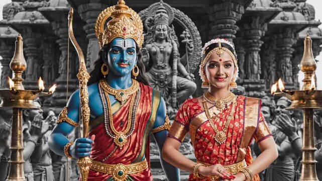 Lord Rama and Goddess Sita in Ayodhya Village, Hindu Mythology Ramayana Scene Digital Art Illustration. 