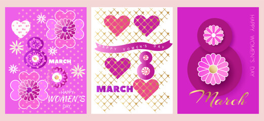  Happy 8 March International Womens Day set cards Template art background design lace retro frame border element for poster, banner,card, invitation,  Vector icon illustration
