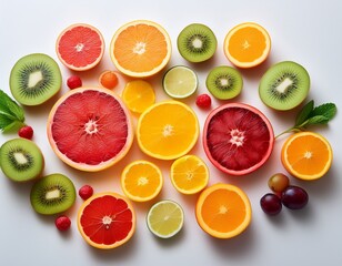 a close up of colorful sliced fruits arranged artfully on a white surface showcasing natural sweetness and vitality summer vibrant colors