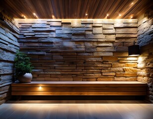 a modern interior design featuring a stone wall wooden bench and unique lighting creating a peaceful and elegant atmosphere