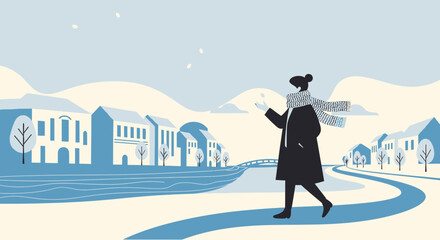 Obraz premium Woman walking in snowy town with scarf and coat, winter landscape illustration