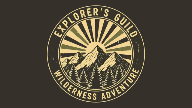 Explorers Guild Wilderness Adventure Emblem with Mountains and Sun.