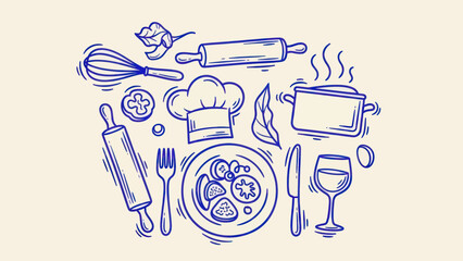 Hand drawn cooking and kitchen utensils with food and drink.
