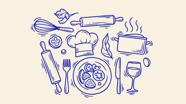 Hand drawn cooking and kitchen utensils with food and drink.