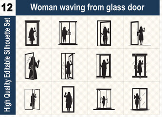 Silhouette set of a woman waving from a glass door, representing a friendly greeting, hospitality, retail welcome, and professional customer service.