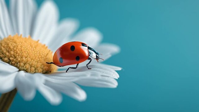 hermoso fondo de naturaleza azul con flor de margarita en primer plano y un insecto mariquita roja y negra andando por la flor. Conepto primavera, verano, floracion, polinizacion