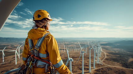 Female renewable energy engineer standing on top of a wind turbine at a large wind farm for maintenance and inspection