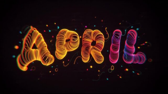Vibrant, neon-lit April sign with colorful confetti and sparks on a dark background, celebrating April Fool's Day in a lively and festive atmosphere.