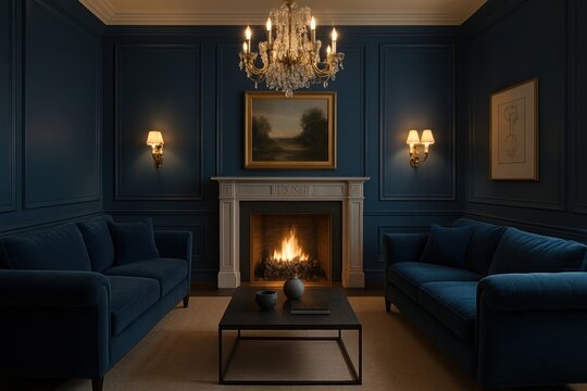Luxurious living room interior featuring a fireplace, crystal chandelier, blue walls, and velvet sofas. Perfect for design, home decor, and lifestyle visuals, conveying elegance and comfort.